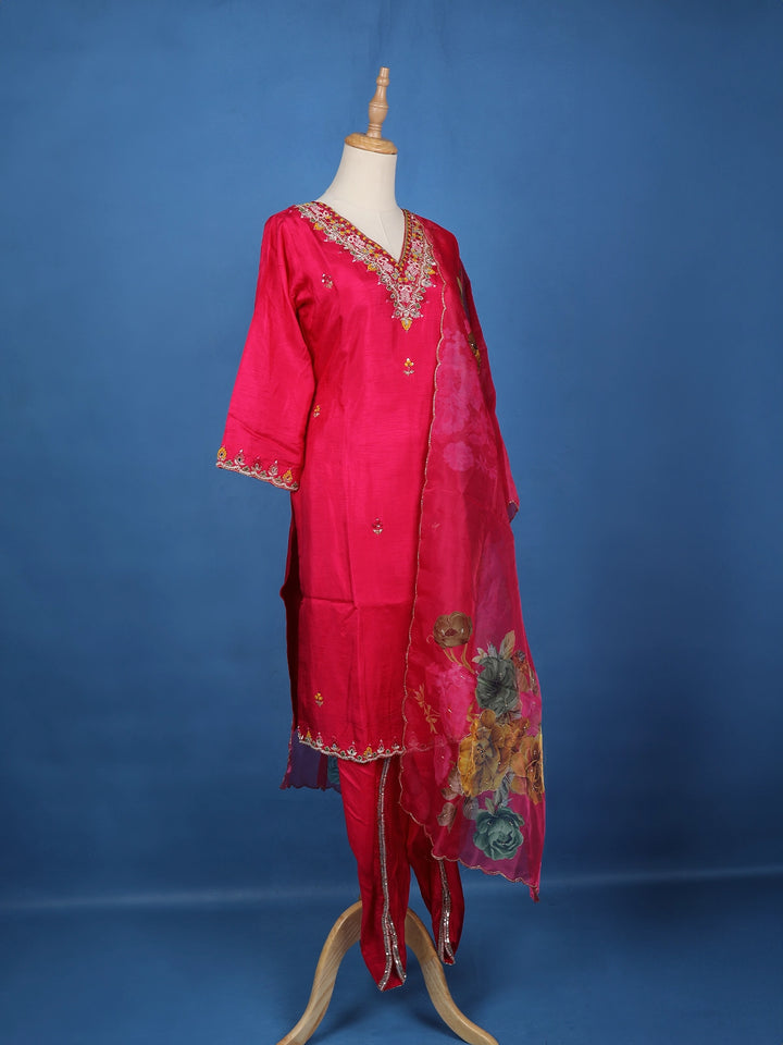 Pink Floral Designed Raw Silk Salwar Suit - Diadem