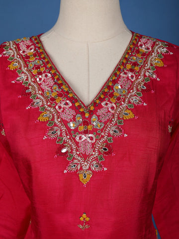 Pink Floral Designed Raw Silk Salwar Suit - Diadem