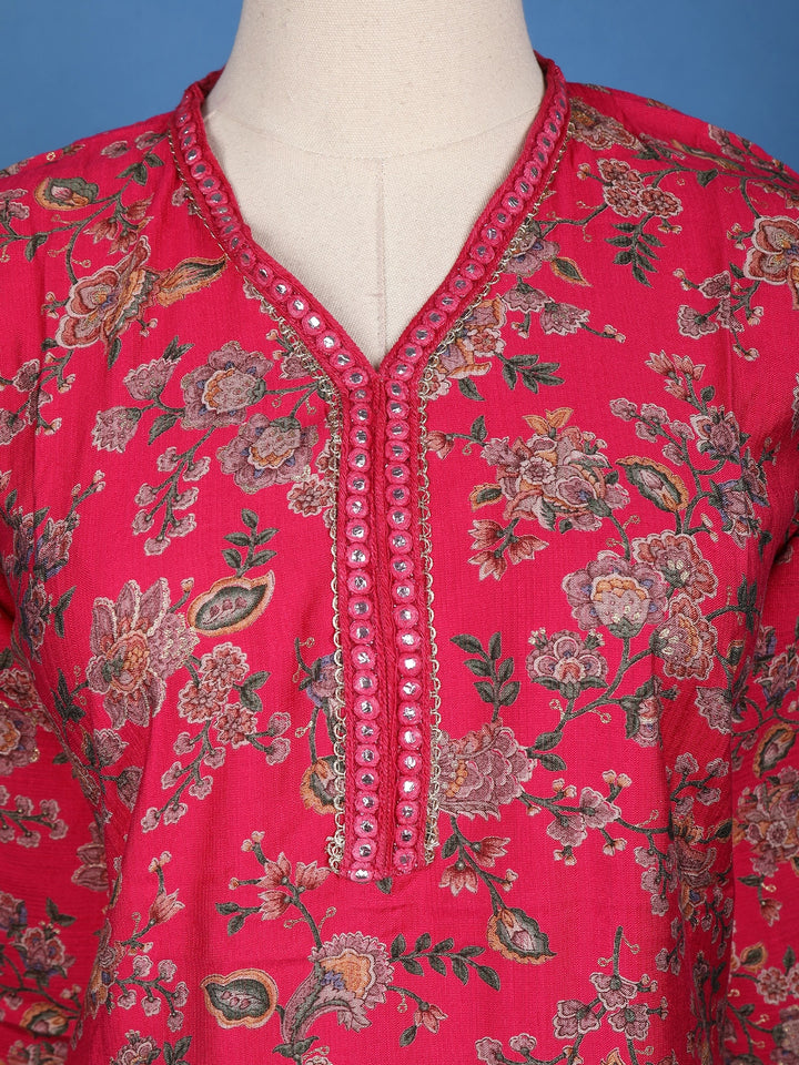 Pink Floral Designed Raw Silk Salwar Suit - Diadem