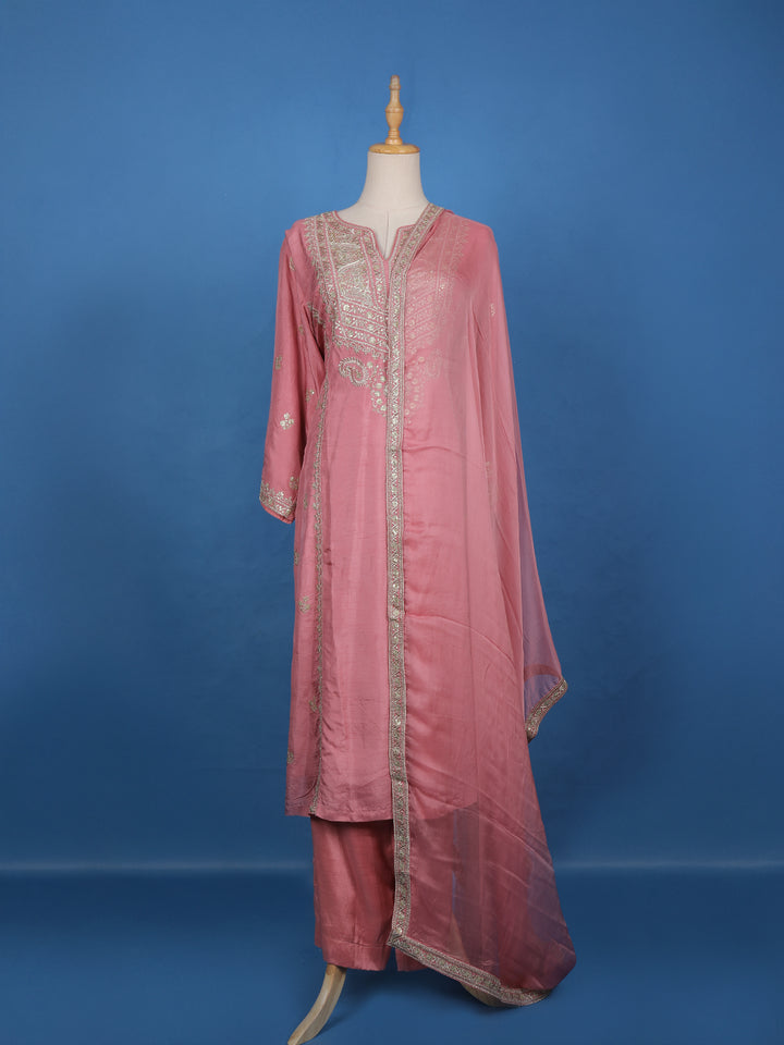 Pink Floral Designed Raw Silk Salwar Suit - Diadem
