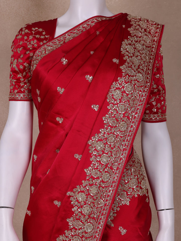 Pink Floral Designed Satin Saree - Diadem