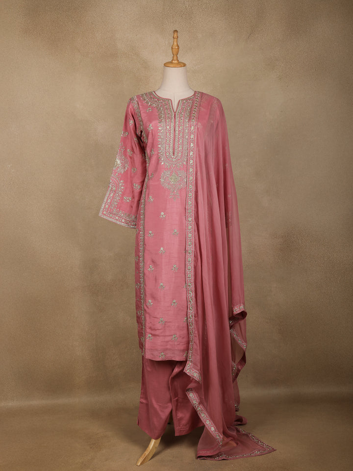 Pink Floral Designed Semi Silk Salwar Suit - Diadem