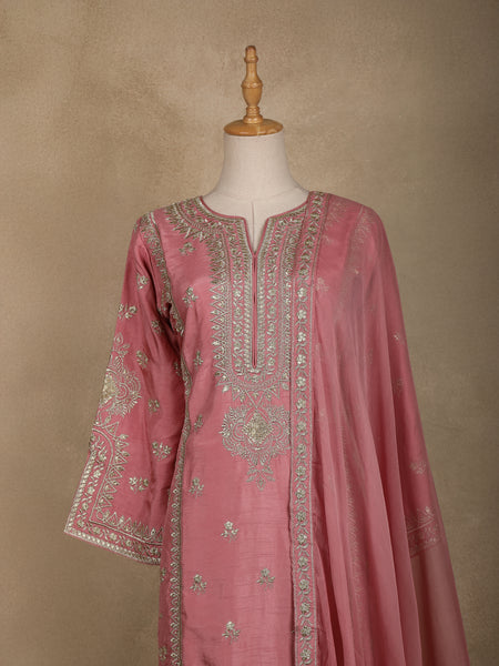 Pink Floral Designed Semi Silk Salwar Suit - Diadem