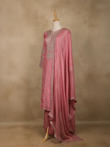 Pink Floral Designed Semi Silk Salwar Suit - Diadem