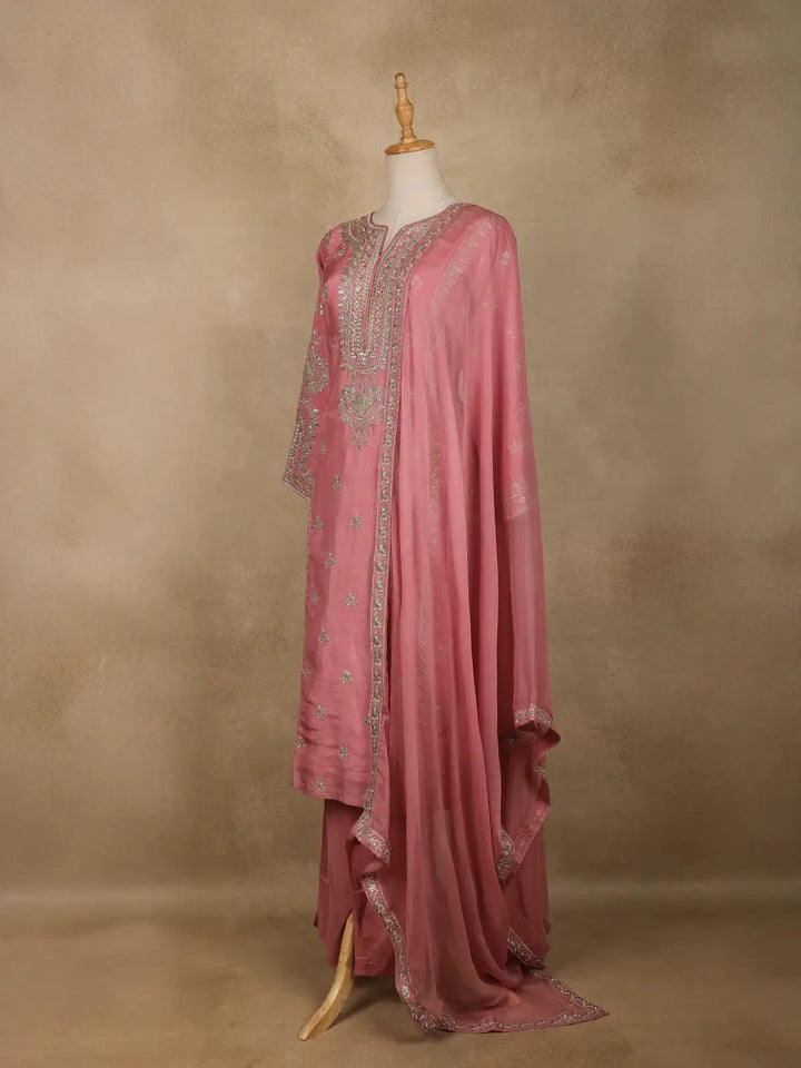 Pink Floral Designed Semi Silk Salwar Suit - Diadem