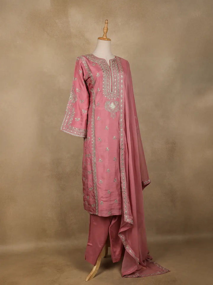 Pink Floral Designed Semi Silk Salwar Suit - Diadem