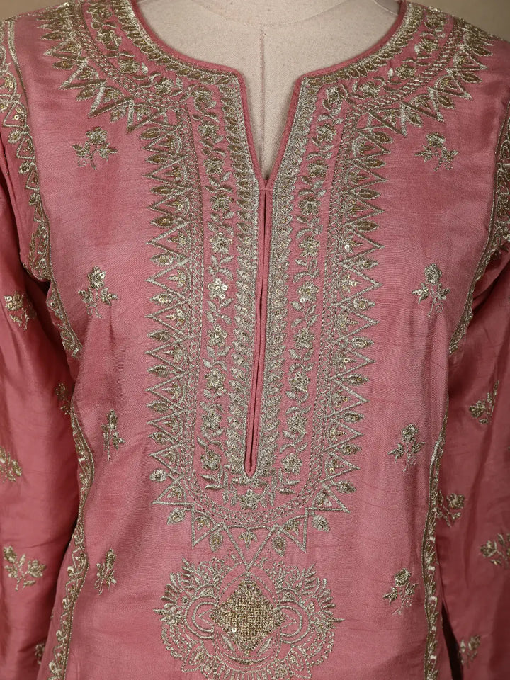 Pink Floral Designed Semi Silk Salwar Suit - Diadem