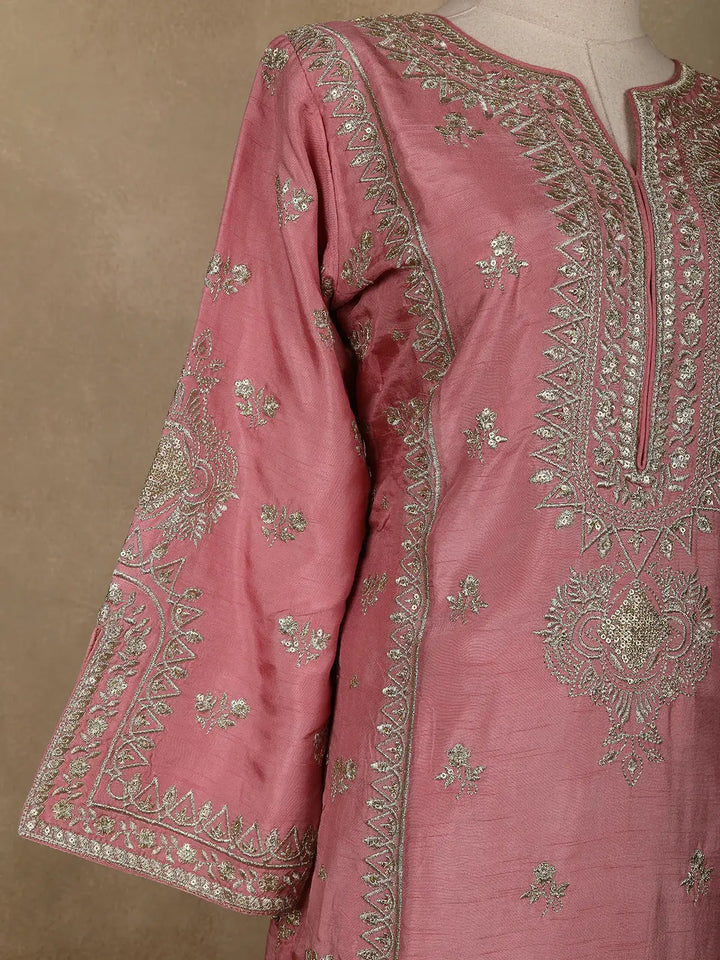 Pink Floral Designed Semi Silk Salwar Suit - Diadem