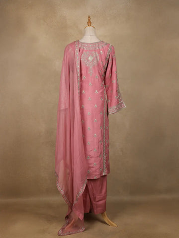 Pink Floral Designed Semi Silk Salwar Suit - Diadem