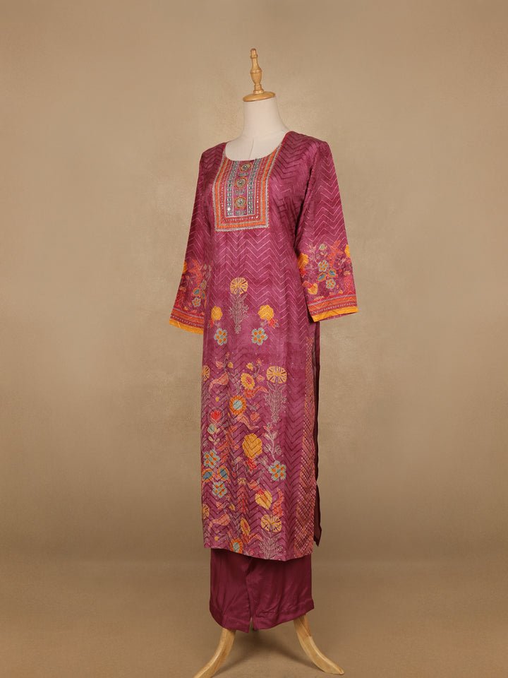Pink Floral Designed Semi Silk Salwar Suit - Diadem