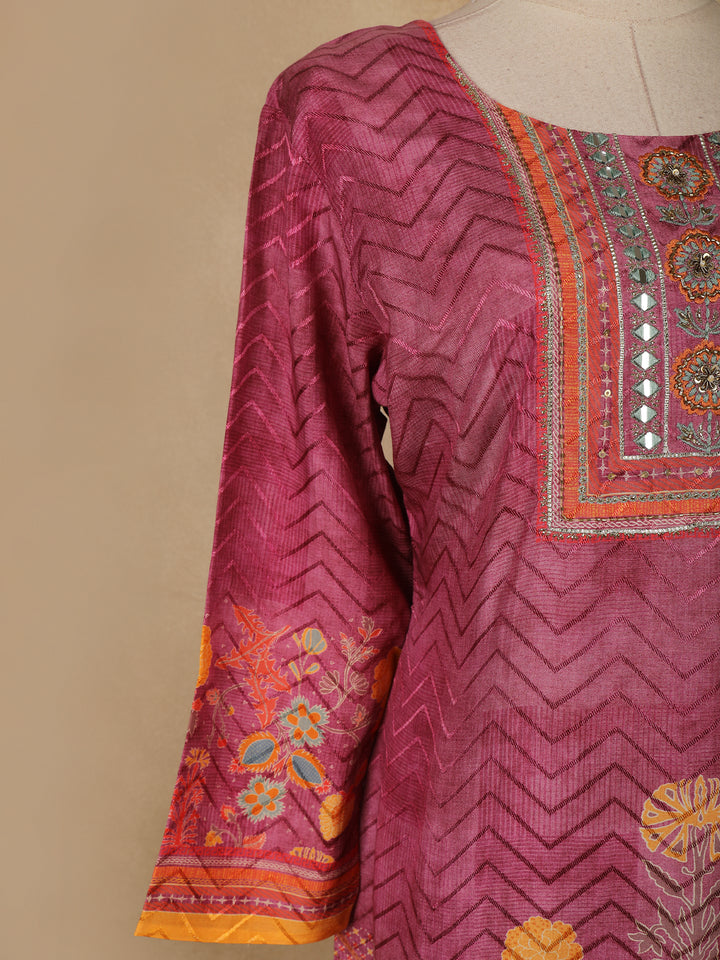 Pink Floral Designed Semi Silk Salwar Suit - Diadem
