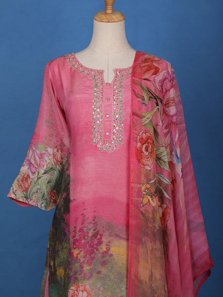Pink Floral Designed Shimmer Straight Cut Salwar Suit - Diadem