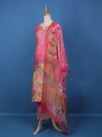 Pink Floral Designed Shimmer Straight Cut Salwar Suit - Diadem