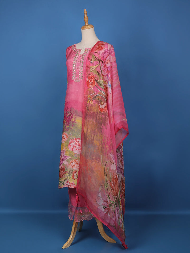 Pink Floral Designed Shimmer Straight Cut Salwar Suit - Diadem