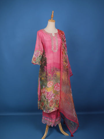 Pink Floral Designed Shimmer Straight Cut Salwar Suit - Diadem