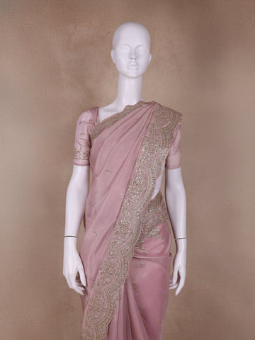 Pink Floral Designed Tissue Organza Saree - Diadem