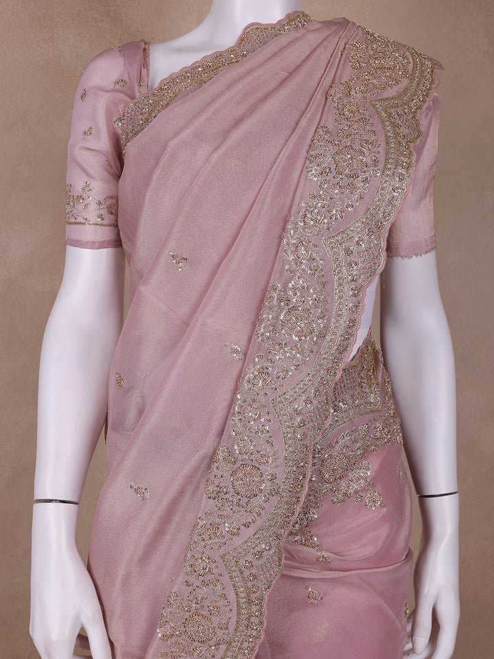 Pink Floral Designed Tissue Organza Saree - Diadem