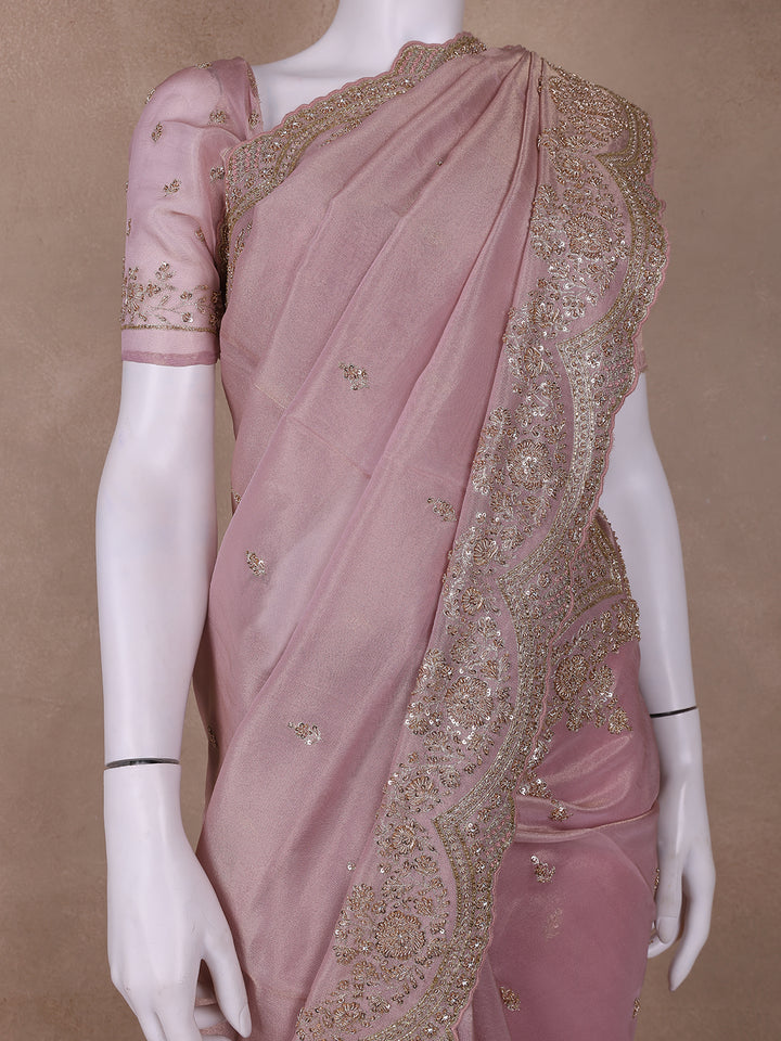 Pink Floral Designed Tissue Organza Saree - Diadem