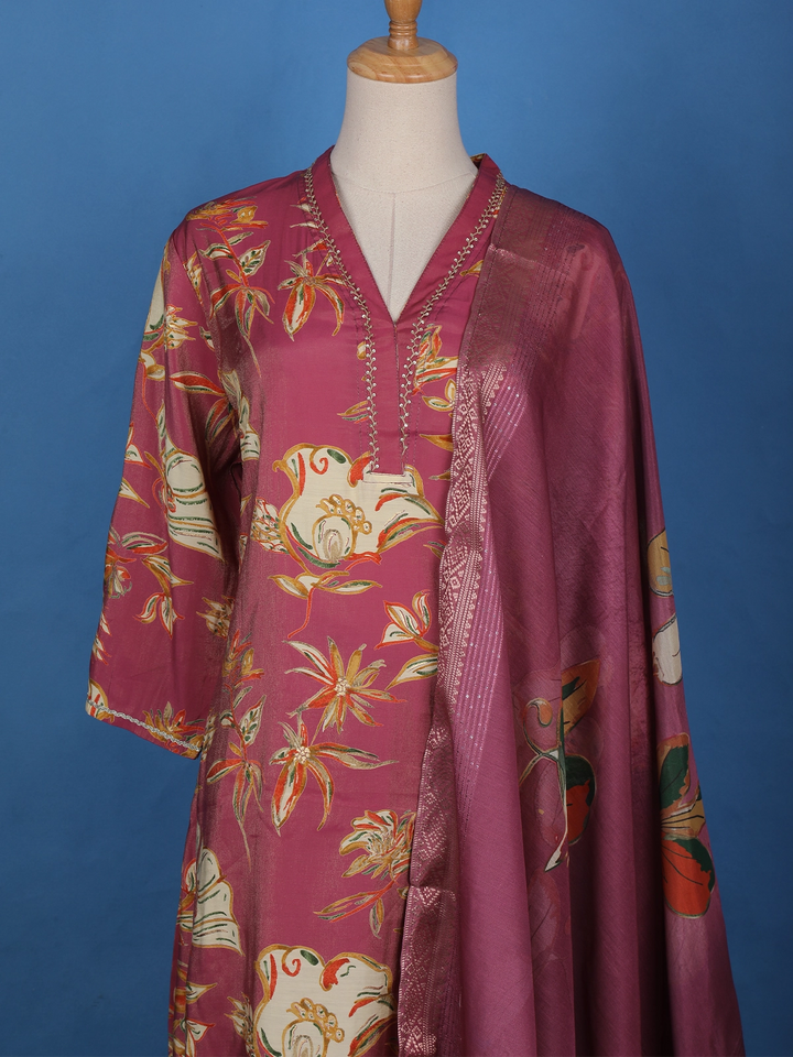 Pink Floral Designed Tissue Silk Salwar Suit - Diadem