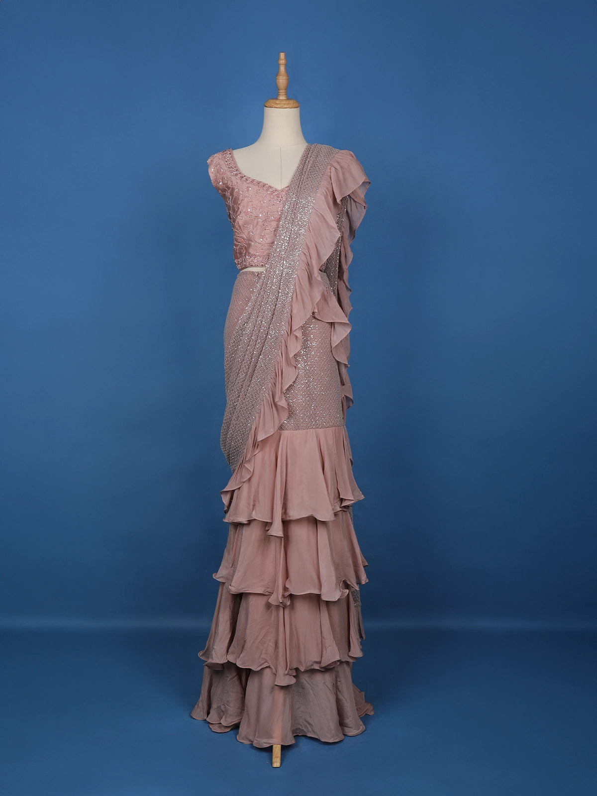 Pink Floral Designs Net Ready To Wear Saree with Designer Blouse - Diadem