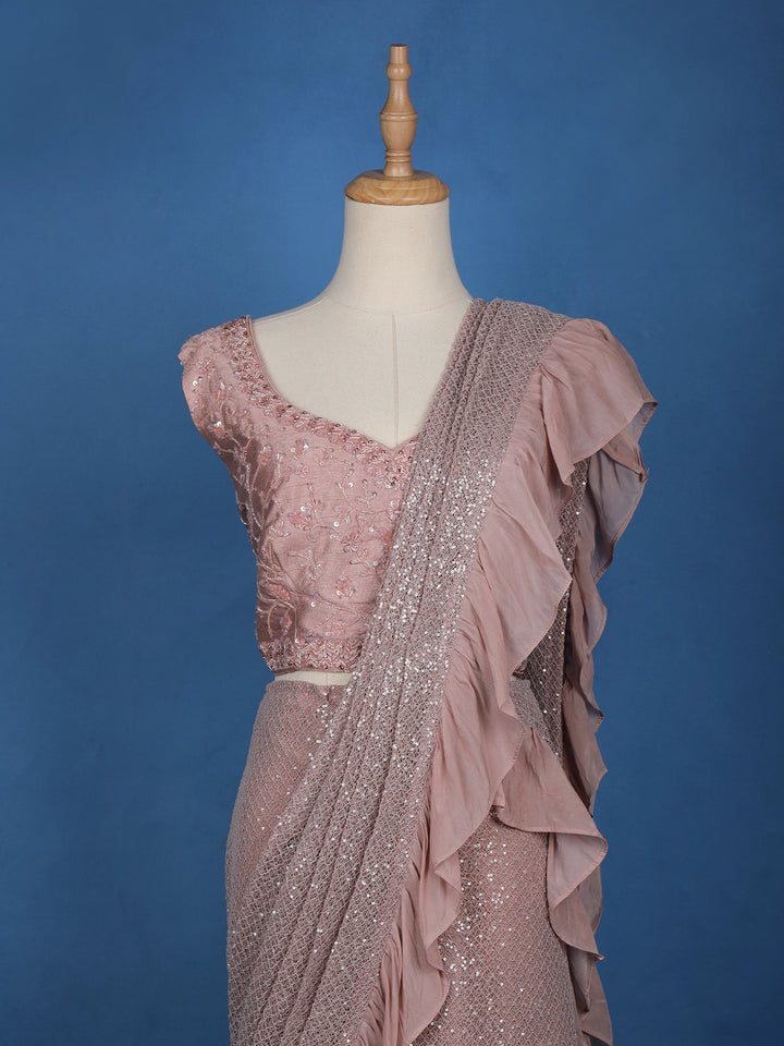 Pink Floral Designs Net Ready To Wear Saree with Designer Blouse - Diadem
