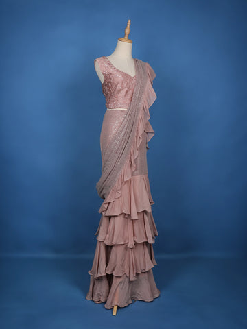 Pink Floral Designs Net Ready To Wear Saree with Designer Blouse - Diadem