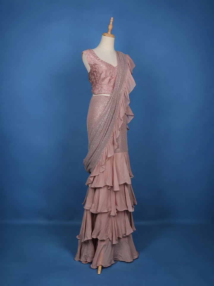 Pink Floral Designs Net Ready To Wear Saree with Designer Blouse - Diadem