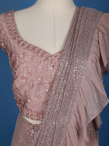 Pink Floral Designs Net Ready To Wear Saree with Designer Blouse - Diadem