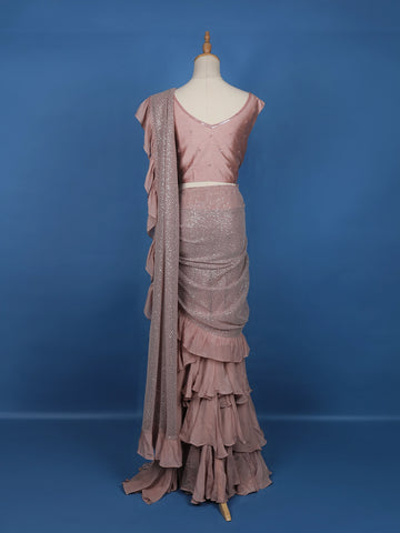 Pink Floral Designs Net Ready To Wear Saree with Designer Blouse - Diadem