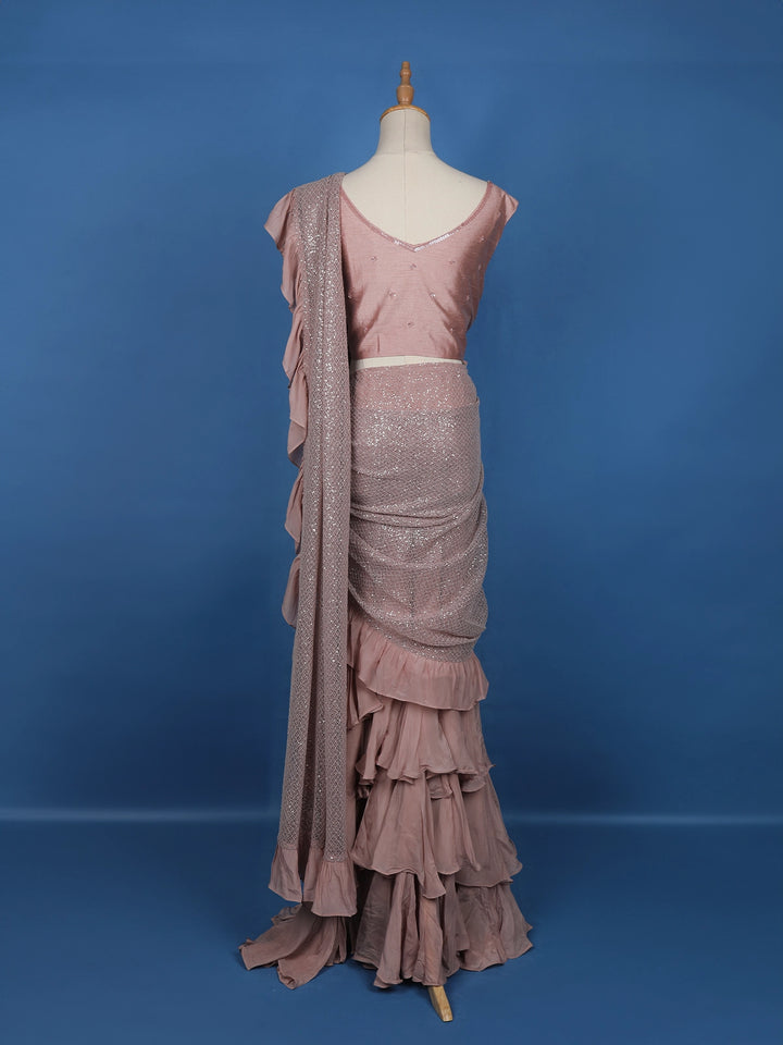 Pink Floral Designs Net Ready To Wear Saree with Designer Blouse - Diadem