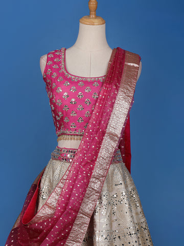 Pink Floral Embroidered Banarasi Silk Lehenga for Brides - Diadem