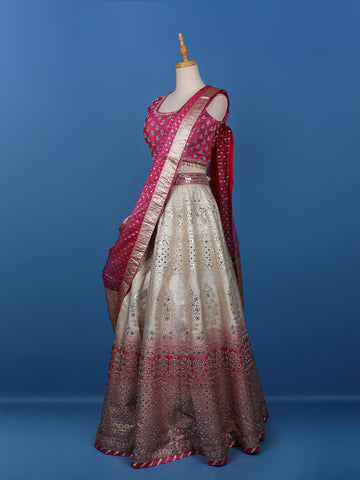 Pink Floral Embroidered Banarasi Silk Lehenga for Brides - Diadem