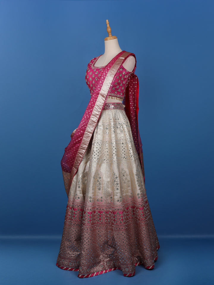Pink Floral Embroidered Banarasi Silk Lehenga for Brides - Diadem