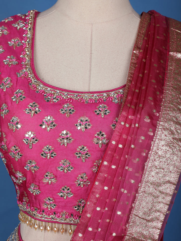 Pink Floral Embroidered Banarasi Silk Lehenga for Brides - Diadem