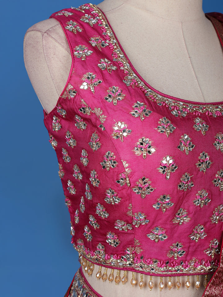 Pink Floral Embroidered Banarasi Silk Lehenga for Brides - Diadem