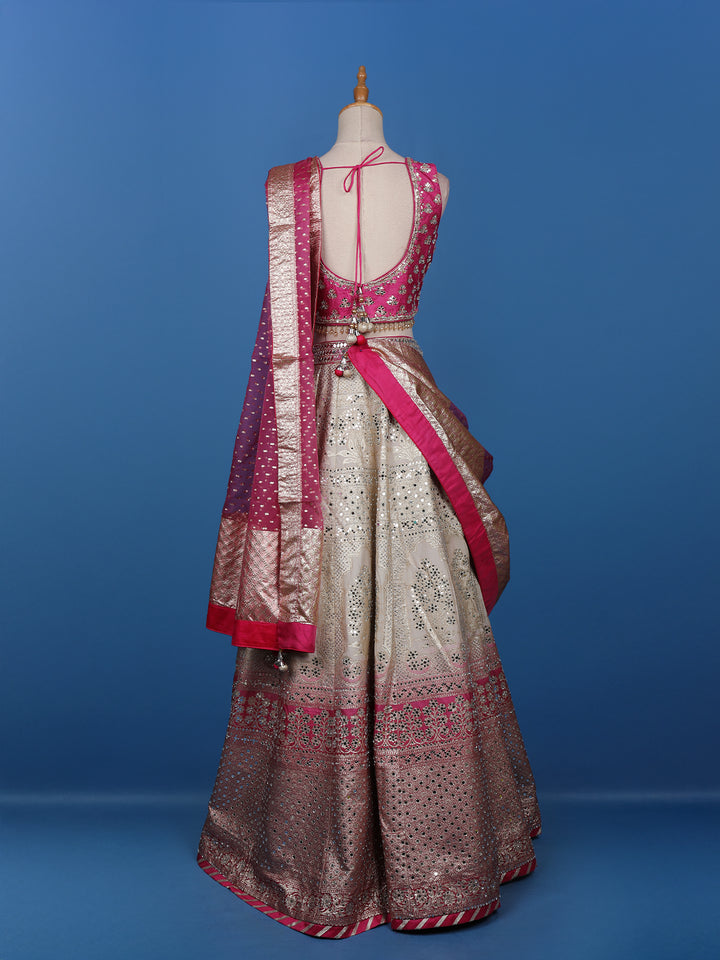 Pink Floral Embroidered Banarasi Silk Lehenga for Brides - Diadem