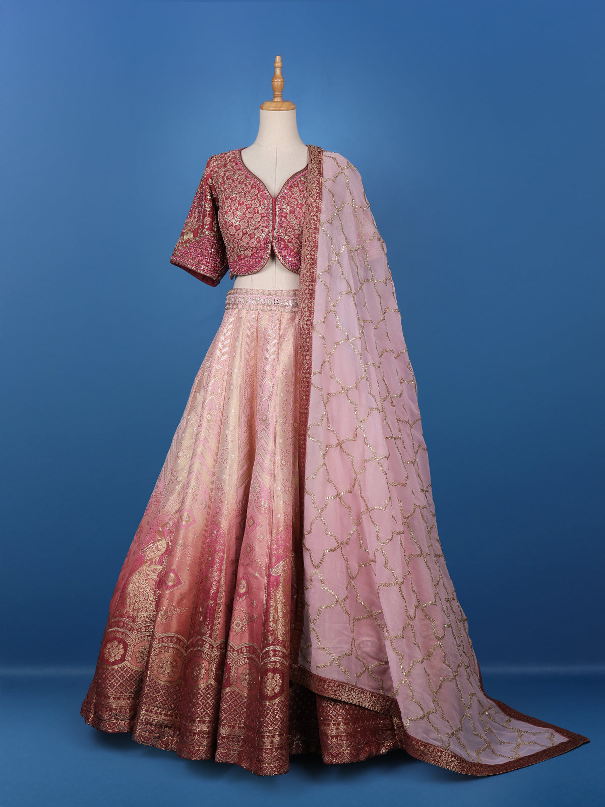 Pink Floral Embroidered Banarasi Silk Lehenga for Brides - Diadem