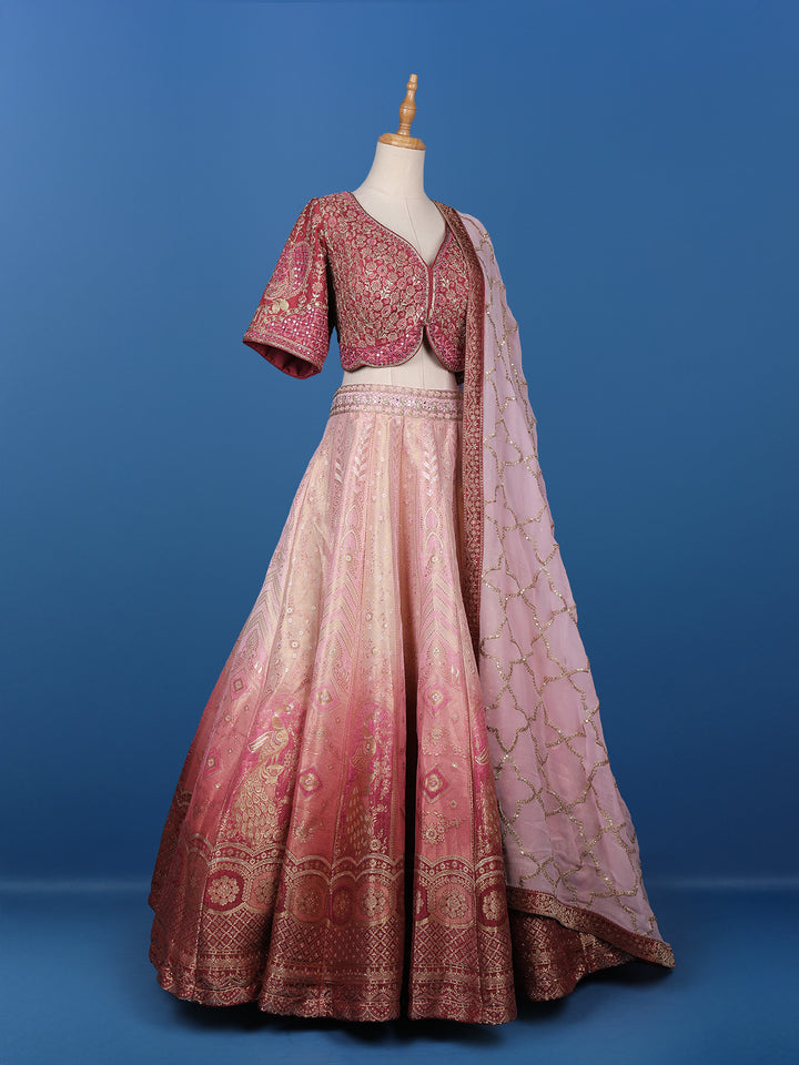 Pink Floral Embroidered Banarasi Silk Lehenga for Brides - Diadem