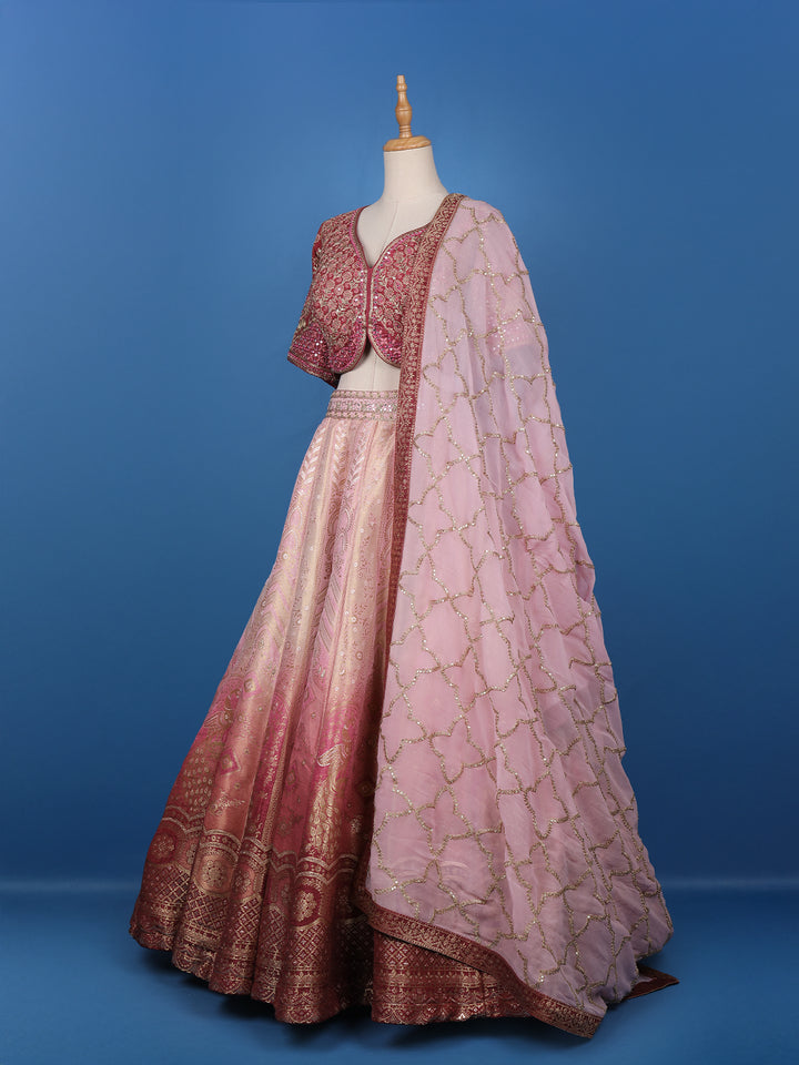 Pink Floral Embroidered Banarasi Silk Lehenga for Brides - Diadem