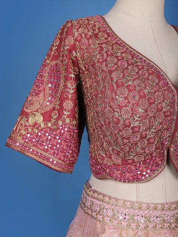 Pink Floral Embroidered Banarasi Silk Lehenga for Brides - Diadem
