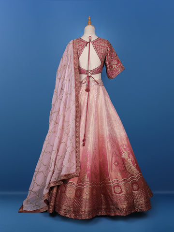 Pink Floral Embroidered Banarasi Silk Lehenga for Brides - Diadem