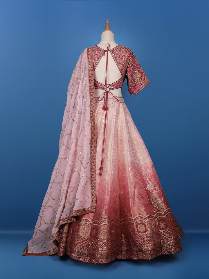 Pink Floral Embroidered Banarasi Silk Lehenga for Brides - Diadem