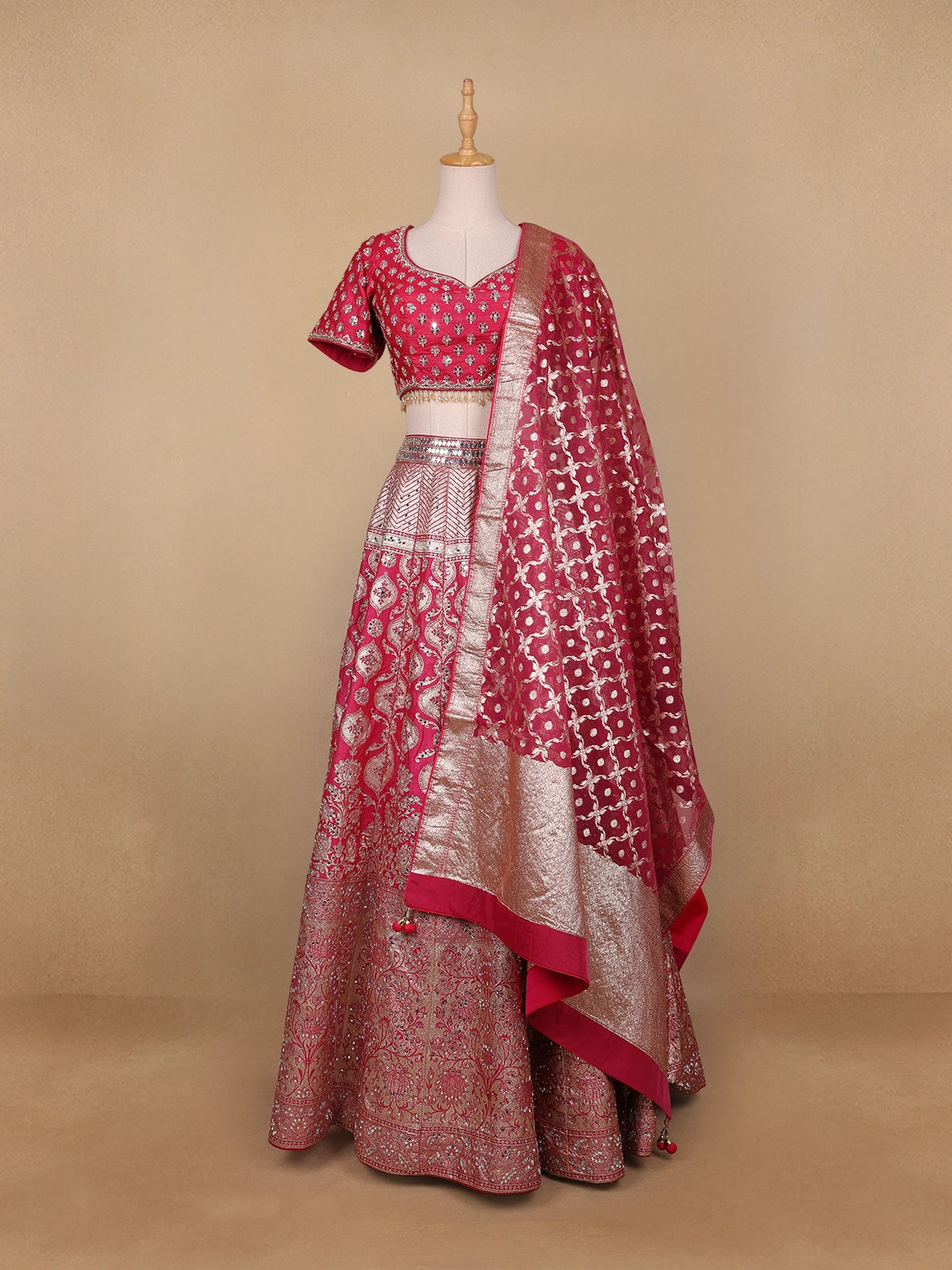 Pink Floral Embroidered Banarasi Silk Lehenga for Bridesmaid - Diadem