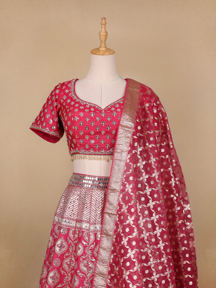 Pink Floral Embroidered Banarasi Silk Lehenga for Bridesmaid - Diadem
