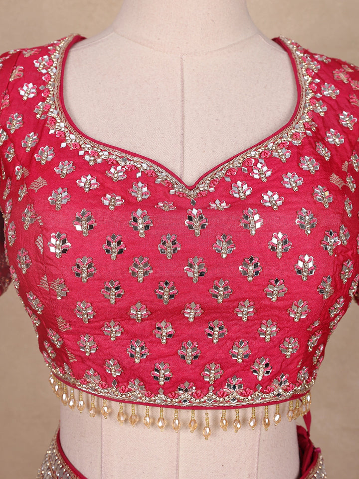 Pink Floral Embroidered Banarasi Silk Lehenga for Bridesmaid - Diadem