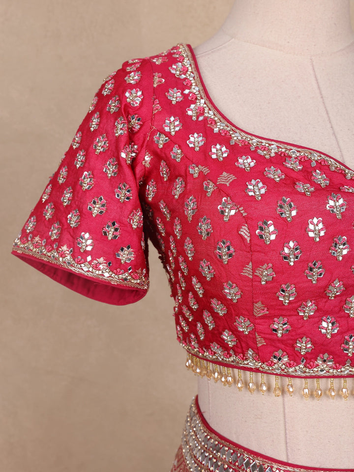 Pink Floral Embroidered Banarasi Silk Lehenga for Bridesmaid - Diadem