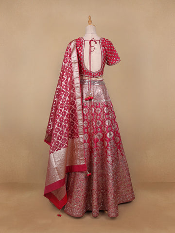 Pink Floral Embroidered Banarasi Silk Lehenga for Bridesmaid - Diadem