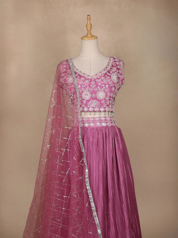 Pink Floral Embroidered Crepe Bridesmaids Lehenga - Diadem