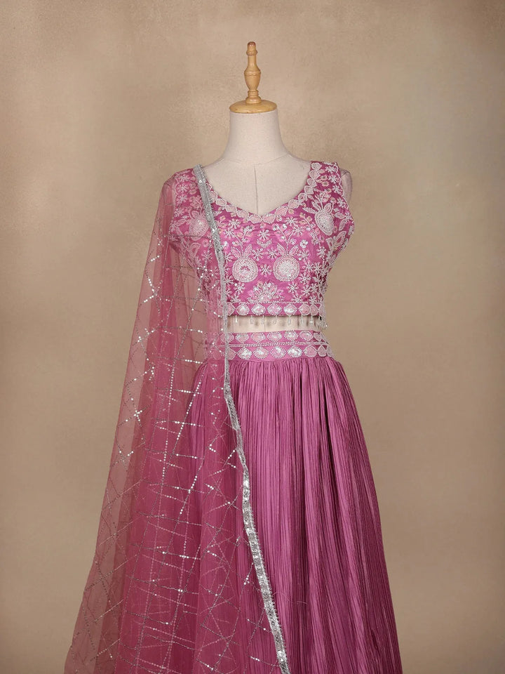 Pink Floral Embroidered Crepe Bridesmaids Lehenga - Diadem