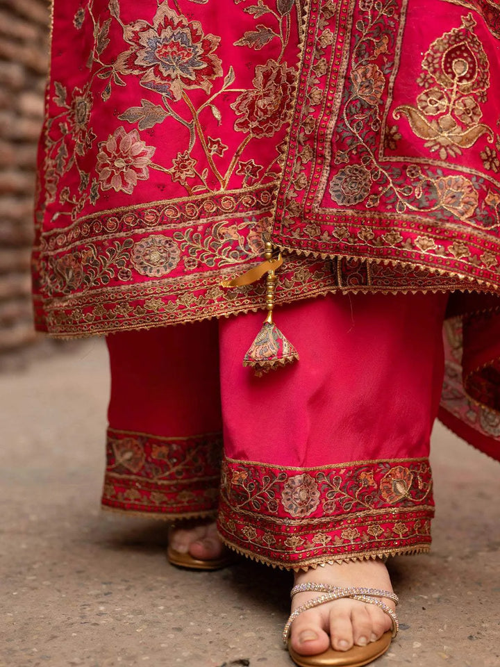 Pink Floral Embroidered Crepe Palazzo Salwar Suit - Diadem